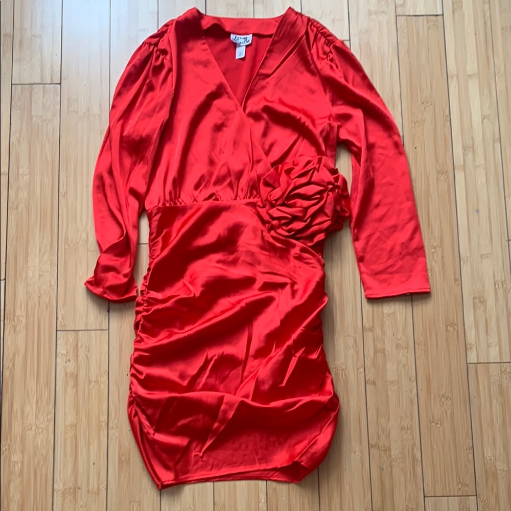 New Red Satin Dress with Floral Detail
